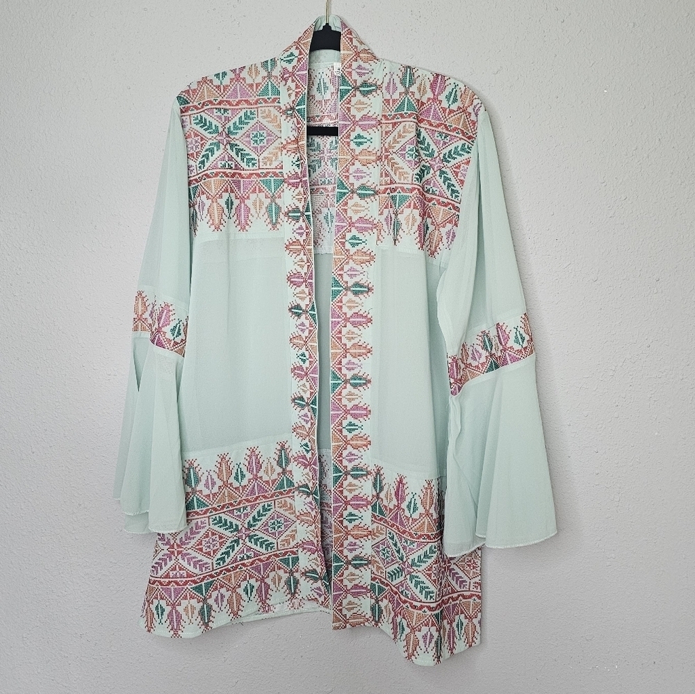 Kurta‎ Embroidered Jacket w Sash Tie Bell Sleeve Womens Size 4
